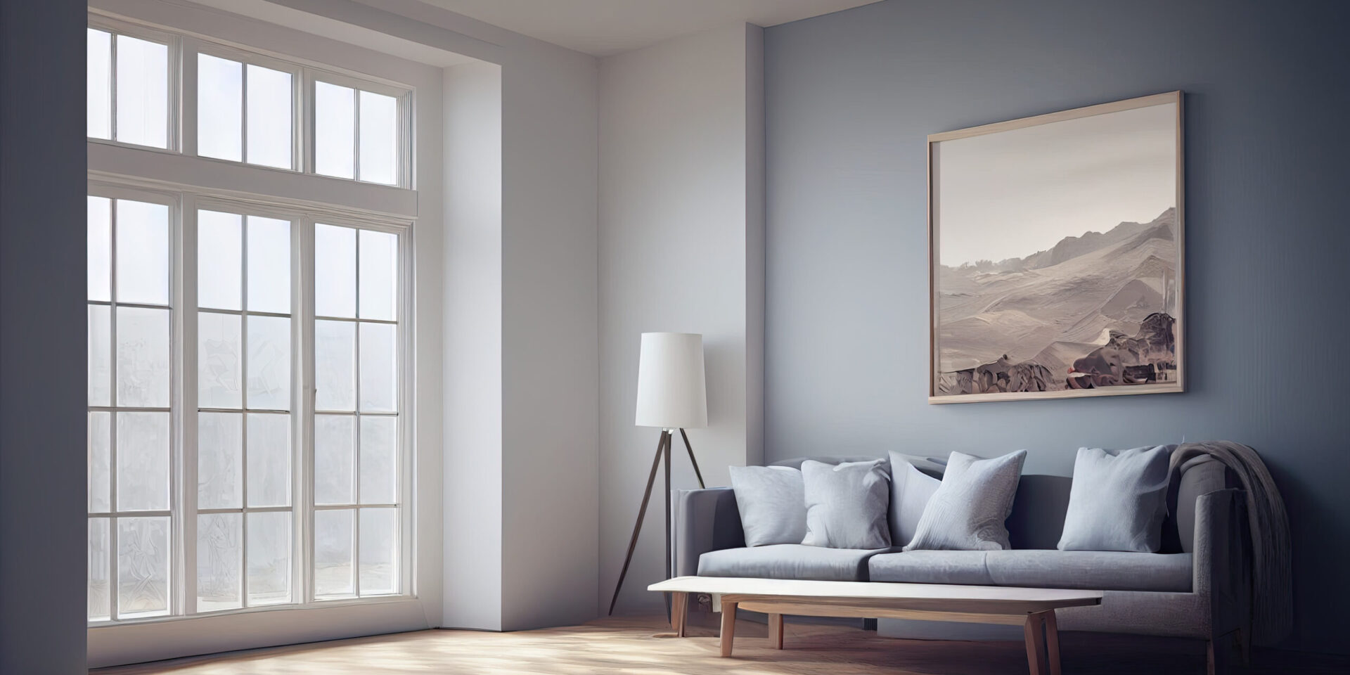 mock up poster frame in modern interior background, living room, Scandinavian style, Generative AI illustration. Modern living room with a bank of tall windows