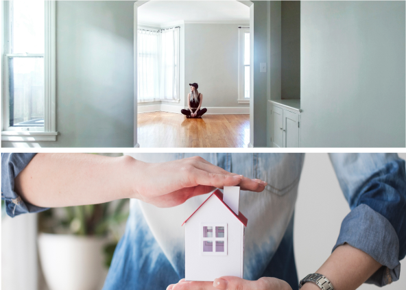 Woman sitting alone in an empty apartment