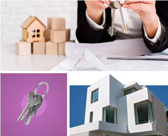 women-holding-keys-keys-house photo collage of house keys, landlord holding keys, block houses and apartments